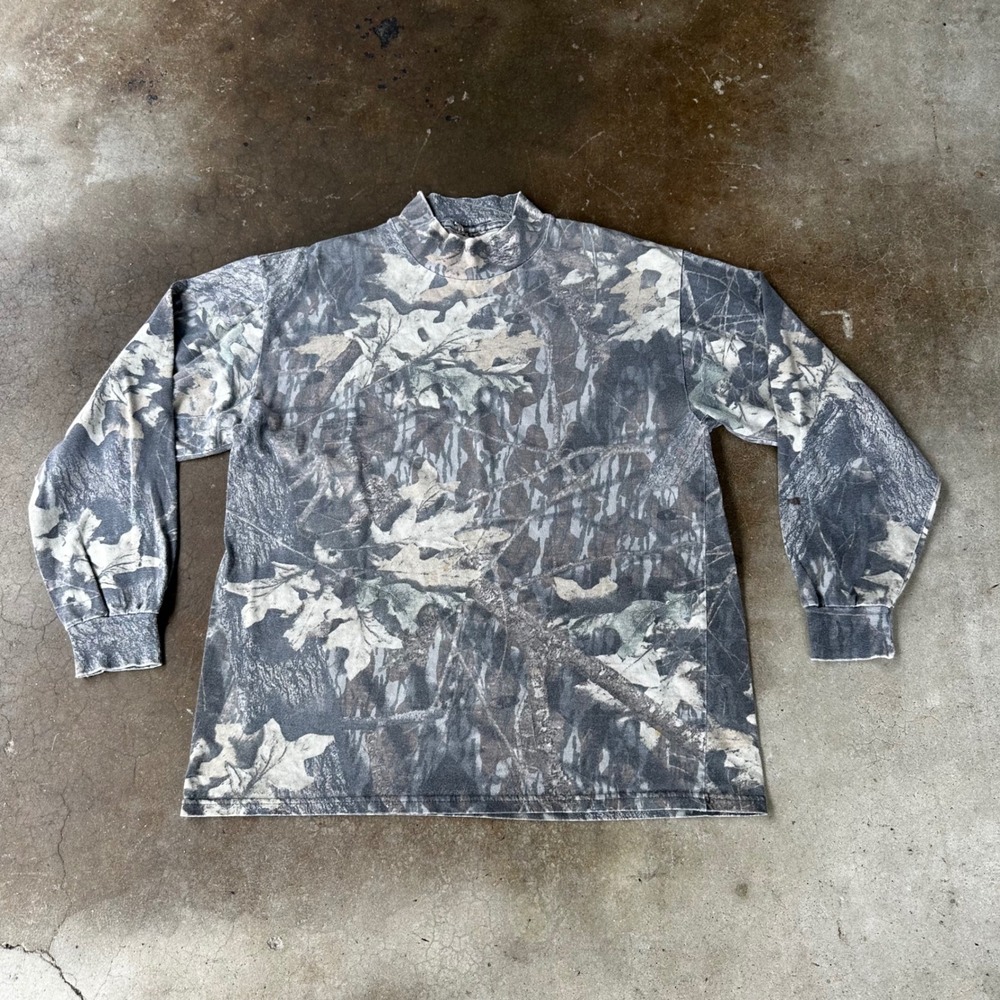 Vintage RealTree Camo Mock Neck Shirt Mens Large Grey Jerzees Hunting Tee